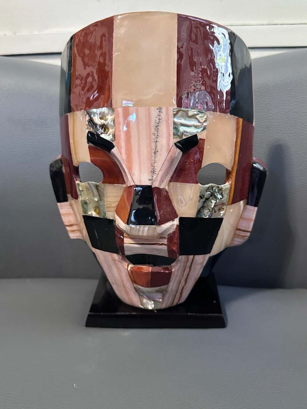 Vintage Mexican Mosaic Stone &Abalone Shell Mayan-Style Decorative Mask on Stand